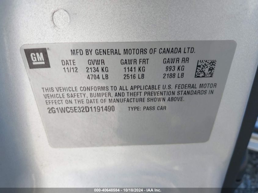 2013 Chevrolet Impala Ltz VIN: 2G1WC5E32D1191490 Lot: 40648584