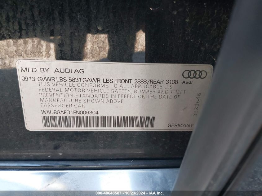 2014 Audi A8 L 3.0T VIN: WAURGAFD1EN006304 Lot: 40648587