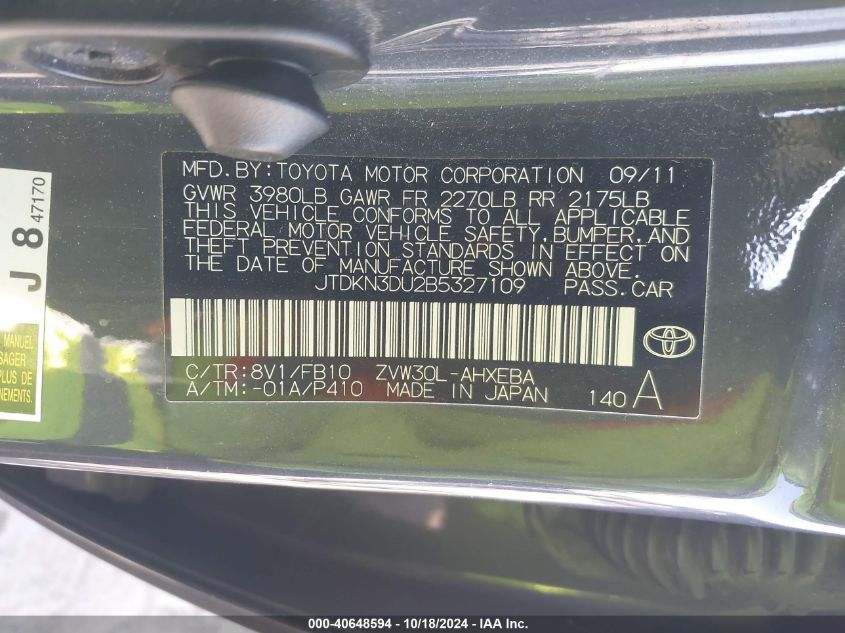 2011 Toyota Prius Two VIN: JTDKN3DU2B5327109 Lot: 40648594
