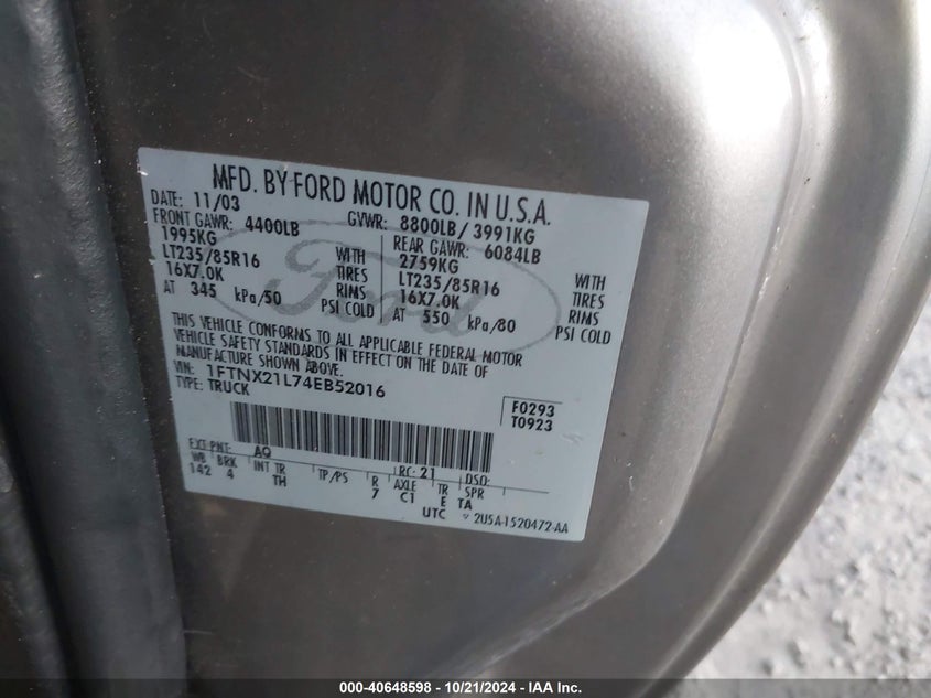 2004 Ford F250 Super Duty VIN: 1FTNX21L74EB52016 Lot: 40648598