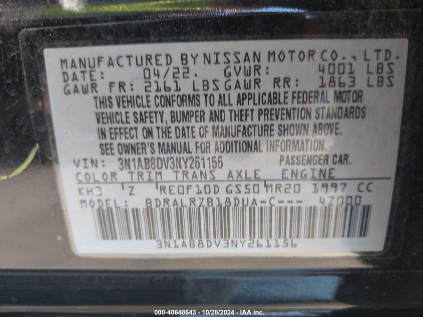 2022 Nissan Sentra Sr Xtronic Cvt VIN: 3N1AB8DV3NY261156 Lot: 40648643