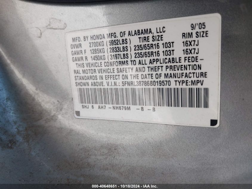 2006 Honda Odyssey Ex-L VIN: 5FNRL38786B019570 Lot: 40648651