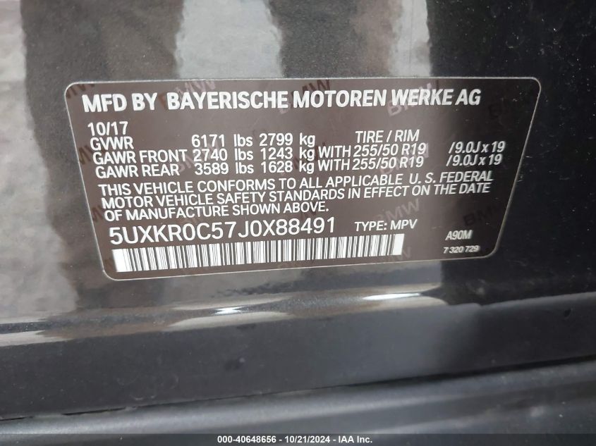 2018 BMW X5 xDrive35I VIN: 5UXKR0C57J0X88491 Lot: 40648656