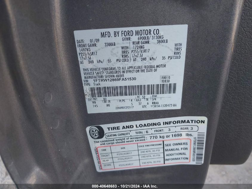 2009 Ford F-150 Xlt VIN: 1FTRW12869FA51530 Lot: 40648683