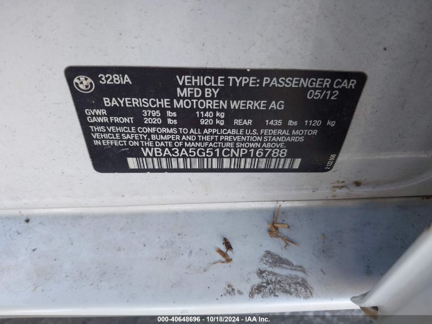 2012 BMW 328I VIN: WBA3A5G51CNP16788 Lot: 40648696