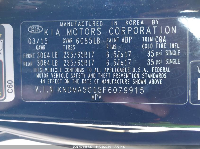 2015 Kia Sedona L VIN: KNDMA5C15F6079915 Lot: 40648727