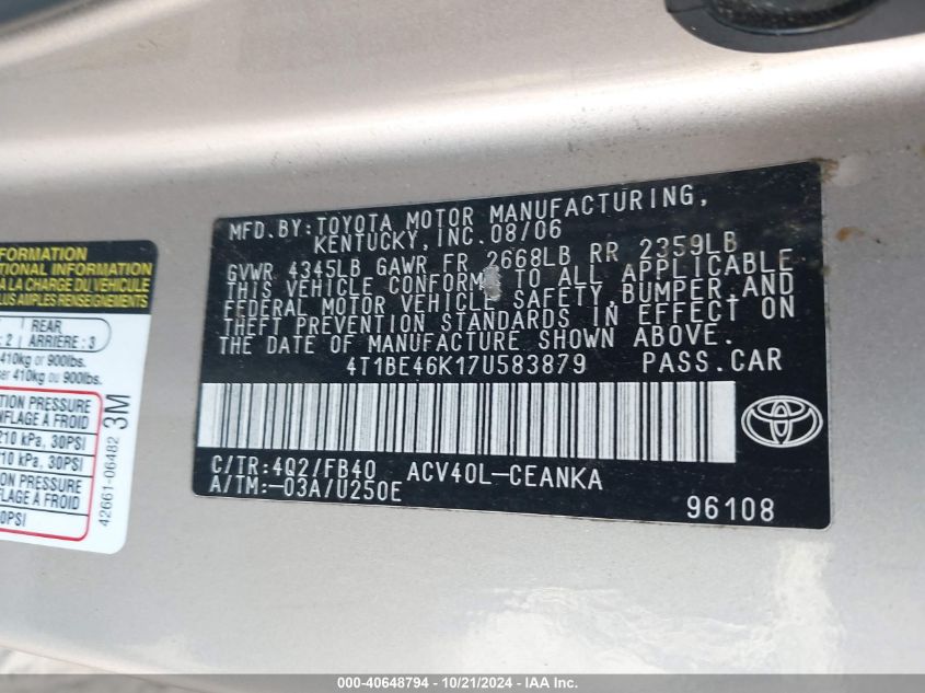 2007 Toyota Camry Le VIN: 4T1BE46K17U583879 Lot: 40648794