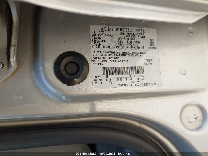 2004 Ford Expedition Xlt VIN: 1FMPU15LX4LA54787 Lot: 40648869