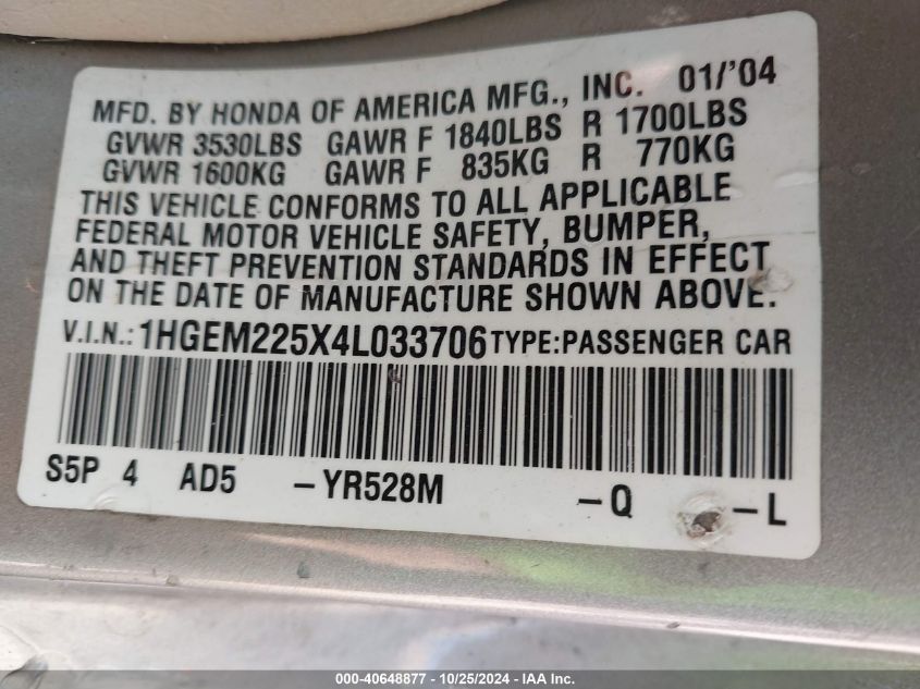 2004 Honda Civic Lx VIN: 1HGEM225X4L033706 Lot: 40648877