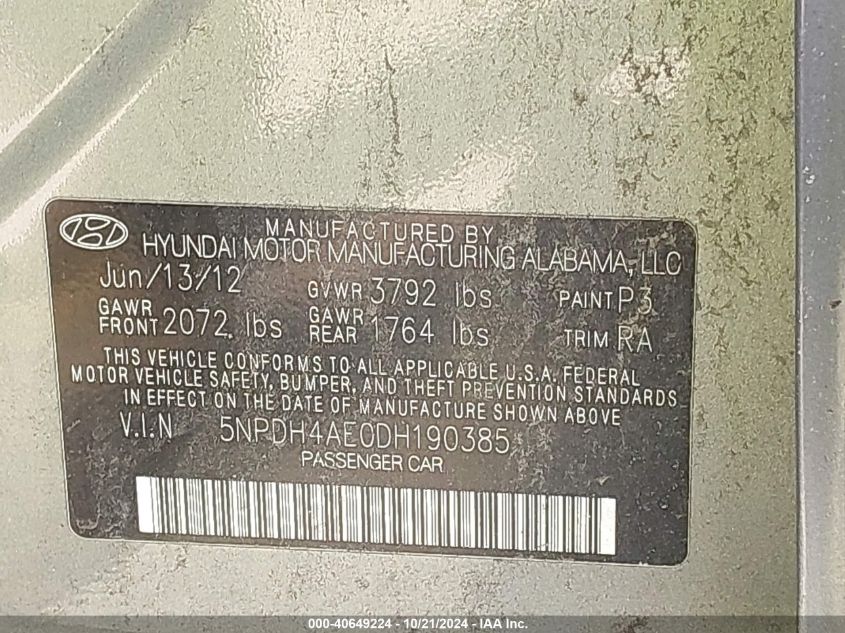 2013 Hyundai Elantra Gls VIN: 5NPDH4AE0DH190385 Lot: 40649224