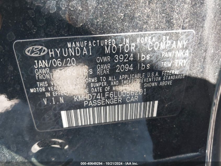 2020 Hyundai Elantra Se VIN: KMHD74LF6LU056201 Lot: 40649294