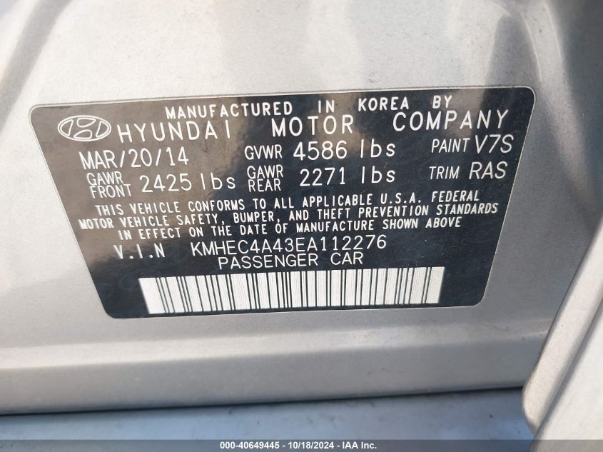 2014 Hyundai Sonata Hybrid Limited VIN: KMHEC4A43EA112276 Lot: 40649445