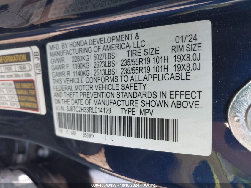 2024 Acura Rdx Standard VIN: 5J8TC2H33RL014129 Lot: 40649459