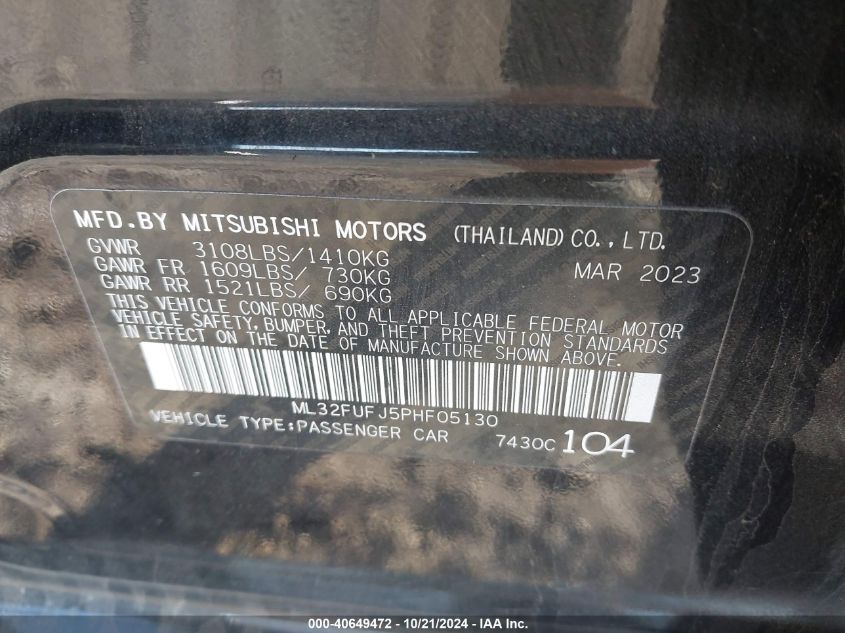 2023 Mitsubishi Mirage G4 Es/G4 Le/G4 Black Edition VIN: ML32FUFJ5PHF05130 Lot: 40649472