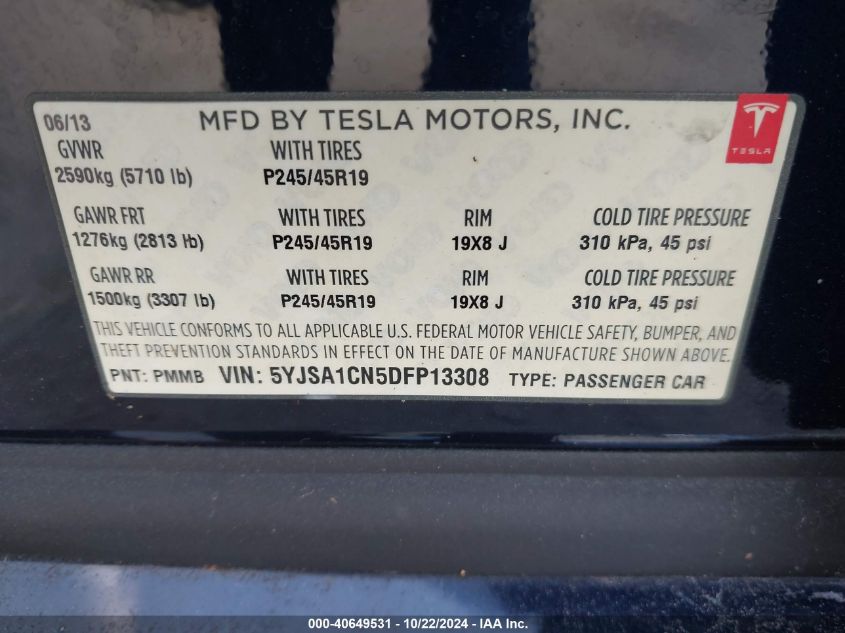 2013 Tesla Model S VIN: 5YJSA1CN5DFP13308 Lot: 40649531