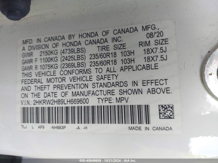 2020 Honda Cr-V Exl VIN: 2HKRW2H89LH669600 Lot: 40649609