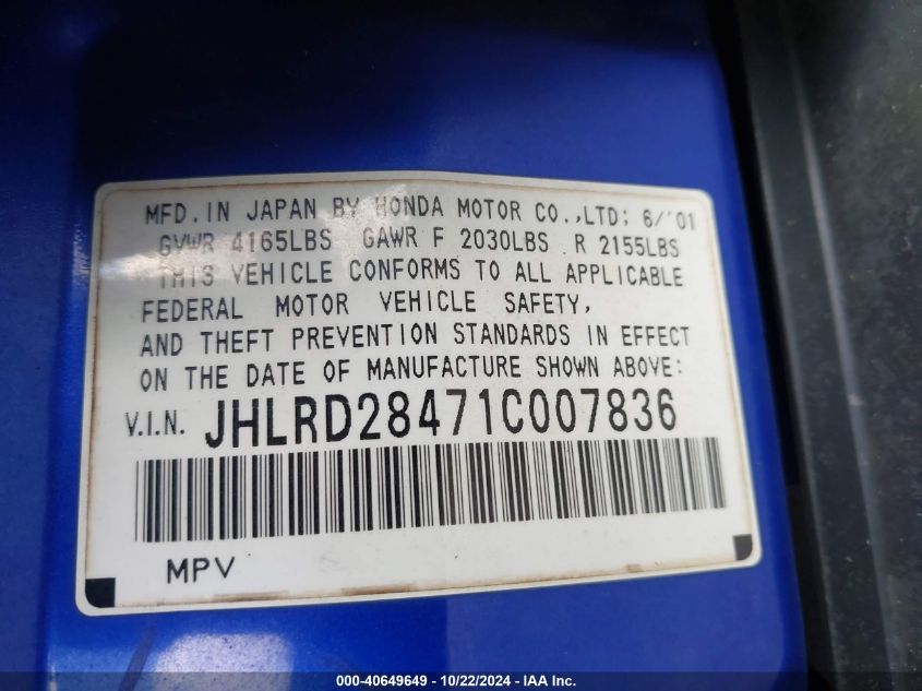 2001 Honda Cr-V Lx VIN: JHLRD28471C007836 Lot: 40649649