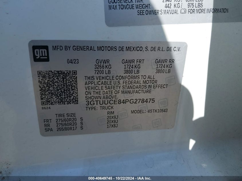 2023 GMC Sierra 1500 4Wd Short Box Elevation With 3Sb VIN: 3GTUUCE84PG278475 Lot: 40649745