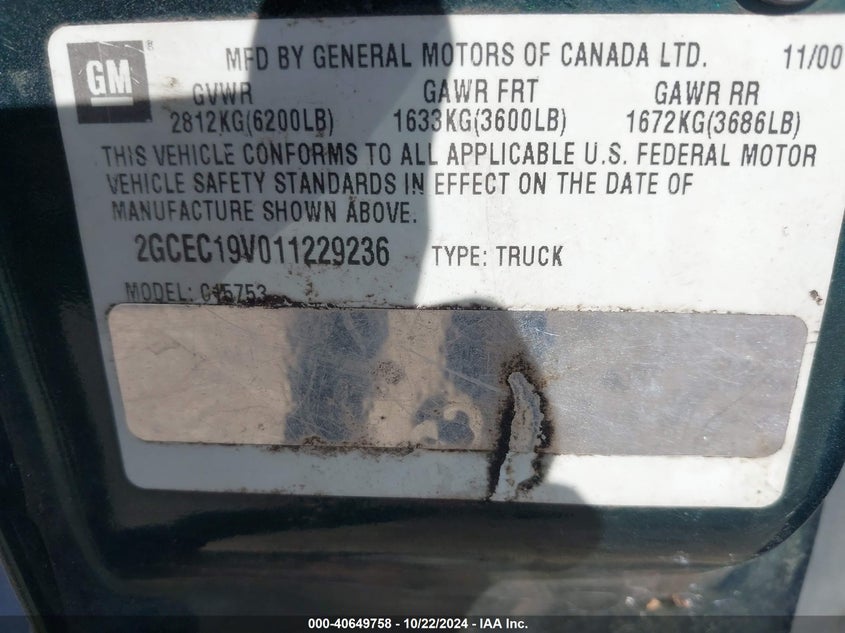 2001 Chevrolet Silverado 1500 VIN: 2GCEC19V011229236 Lot: 40649758