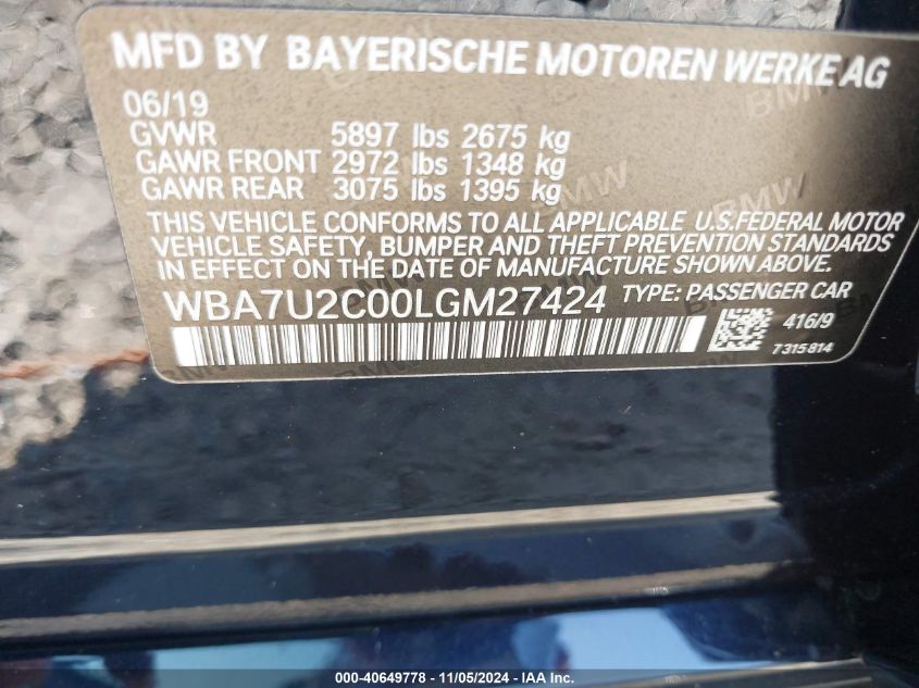 2020 BMW 750I xDrive VIN: WBA7U2C00LGM27424 Lot: 40649778