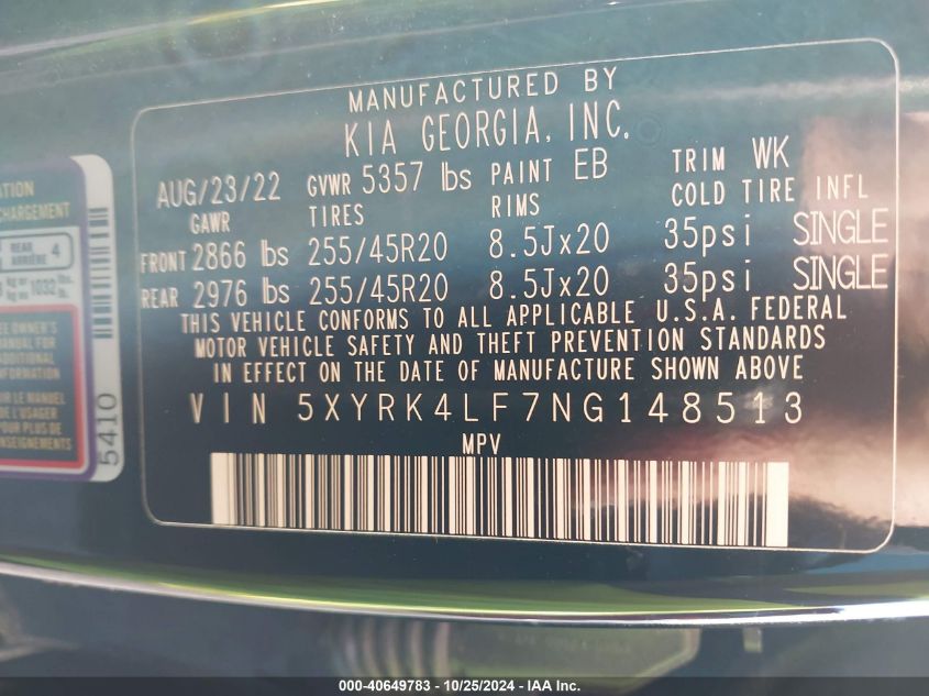 VIN 5XYRK4LF7NG148513 2022 KIA SORENTO no.9