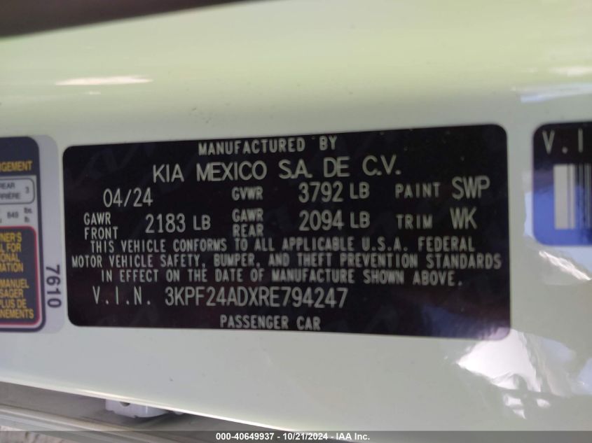 2024 Kia Forte Lxs VIN: 3KPF24ADXRE794247 Lot: 40649937