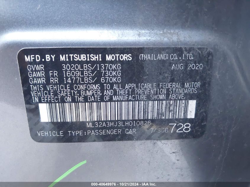 2020 Mitsubishi Mirage Es VIN: ML32A3HJ3LH010826 Lot: 40649976