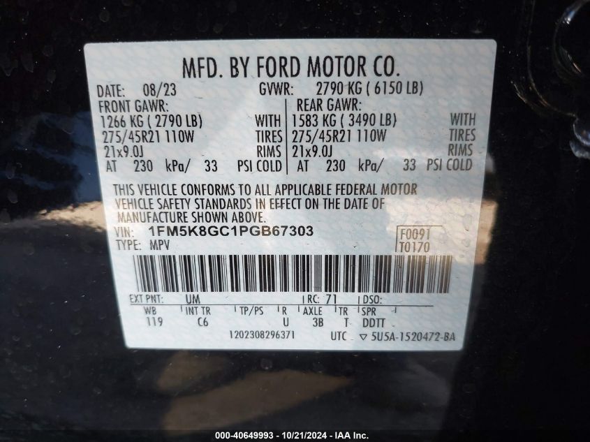 2023 Ford Explorer St VIN: 1FM5K8GC1PGB67303 Lot: 40649993