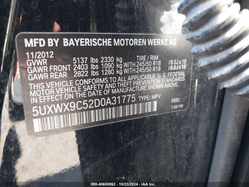 2013 BMW X3 xDrive28I VIN: 5UXWX9C52D0A31775 Lot: 40650062