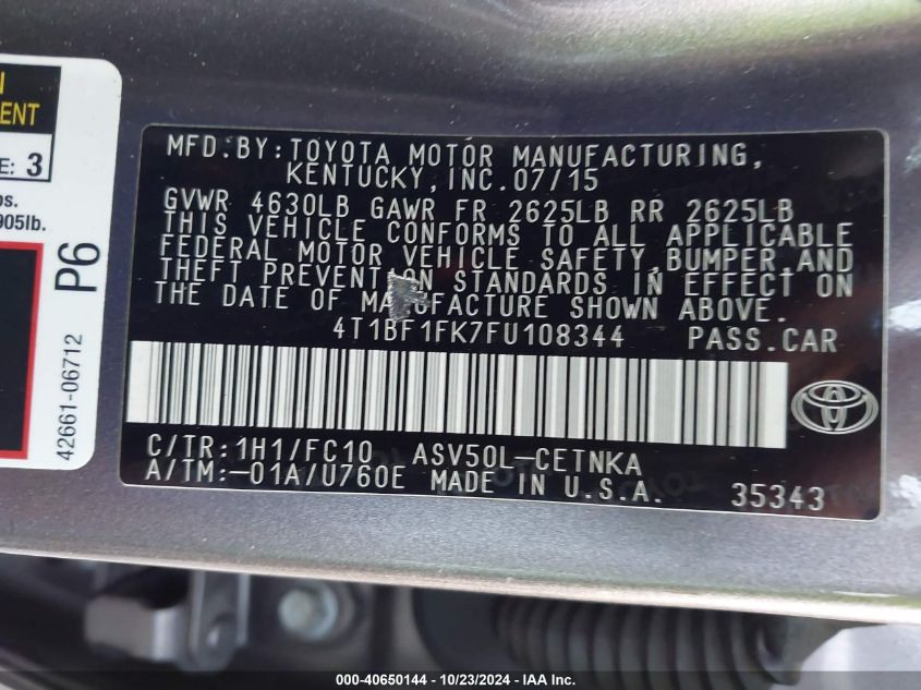 VIN 4T1BF1FK7FU108344 2015 Toyota Camry, LE no.9