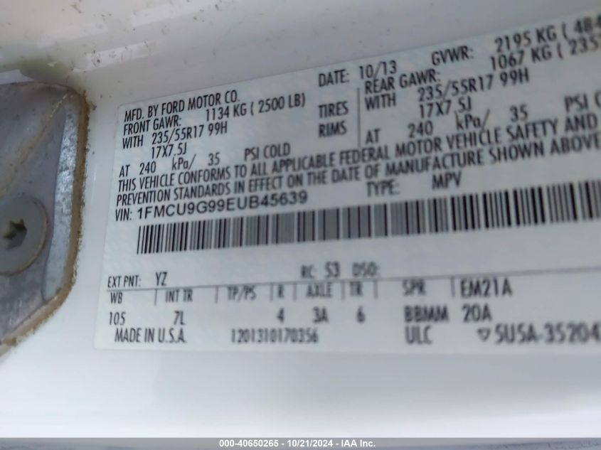 2014 Ford Escape Se VIN: 1FMCU9G99EUB45639 Lot: 40650265