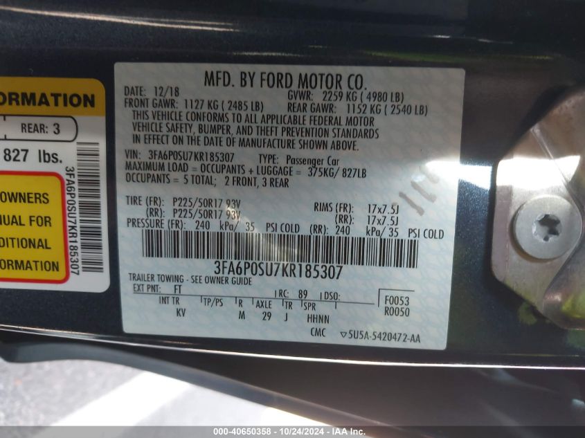 VIN 3FA6P0SU7KR185307 2019 Ford Fusion, Energi Tita... no.9