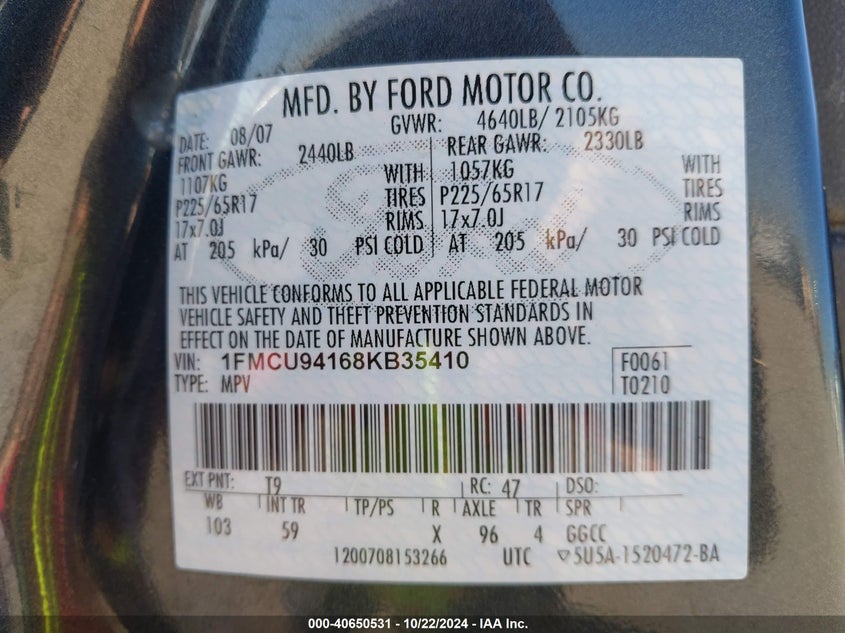 2008 Ford Escape Limited VIN: 1FMCU94168KB35410 Lot: 40650531