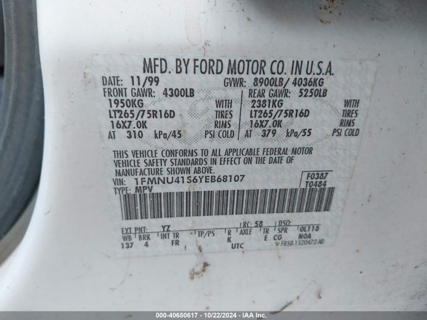 2000 Ford Excursion Xlt VIN: 1FMNU41S6YEB68107 Lot: 40650617