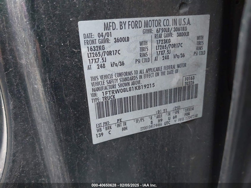 2001 Ford F-150 King Ranch Edition/Lariat/Xlt VIN: 1FTRW08L81KB19215 Lot: 40650628