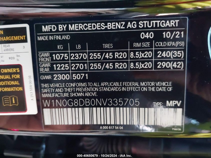 2022 Mercedes-Benz Glc 300 Suv VIN: W1N0G8DB0NV335705 Lot: 40650679