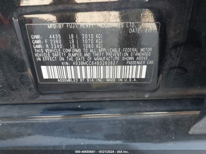 2011 SUBARU LEGACY VIN: 4S3BMCC64B3260627
