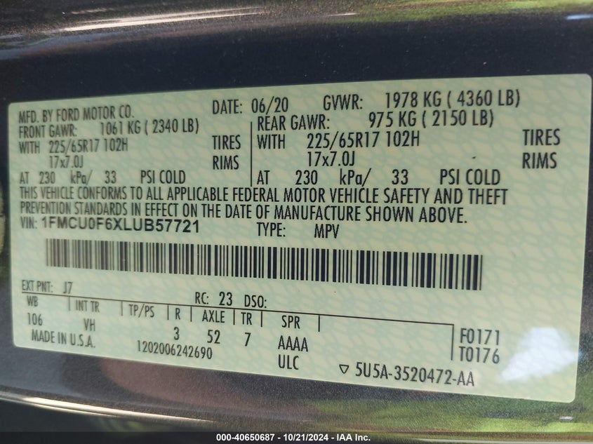 VIN 1FMCU0F6XLUB57721 2020 FORD ESCAPE S