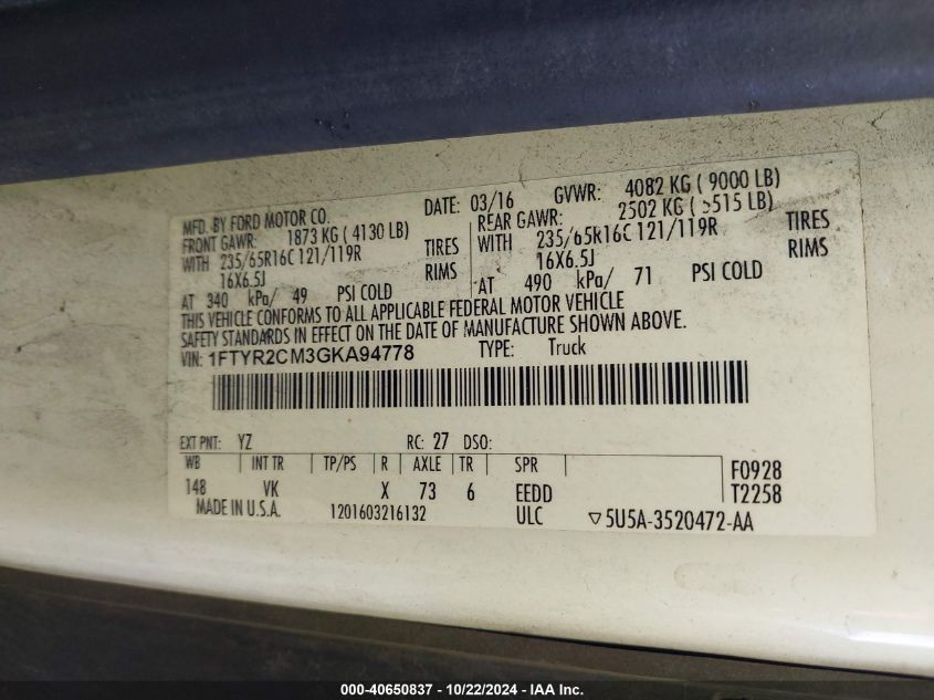 2016 Ford Transit-250 VIN: 1FTYR2CM3GKA94778 Lot: 40650837