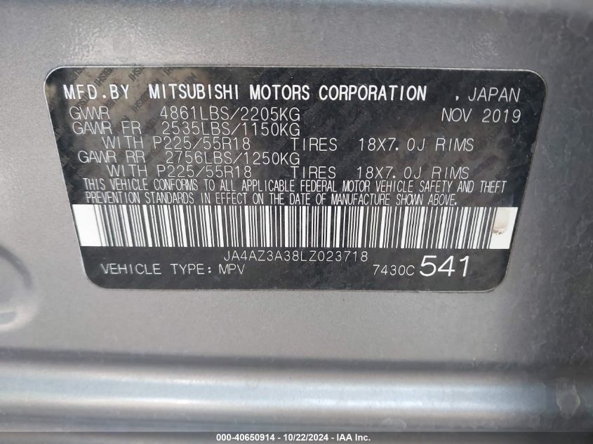 2020 Mitsubishi Outlander Sel 2.4 VIN: JA4AZ3A38LZ023718 Lot: 40650914