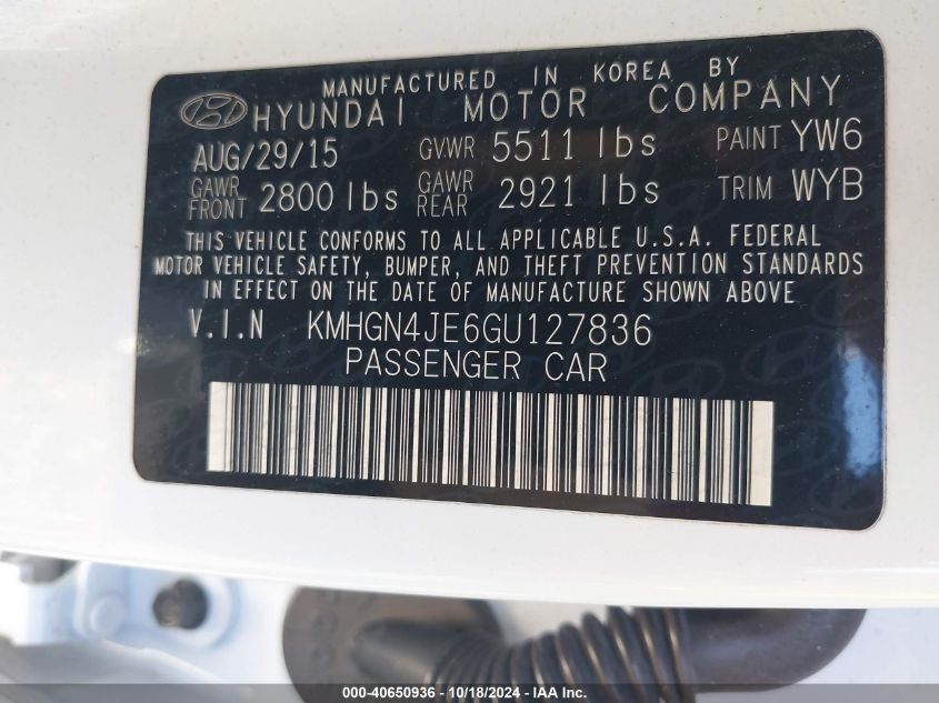 2016 Hyundai Genesis 3.8 VIN: KMHGN4JE6GU127836 Lot: 40650936