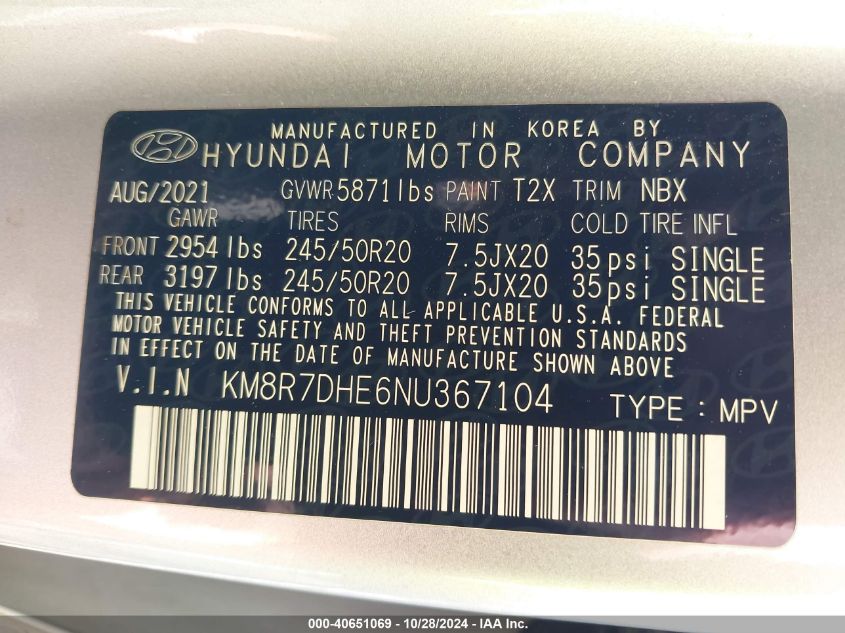 2022 Hyundai Palisade Calligraphy VIN: KM8R7DHE6NU367104 Lot: 40651069