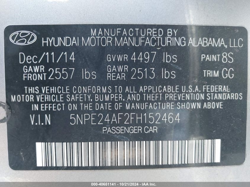 2015 HYUNDAI SONATA SE - 5NPE24AF2FH152464