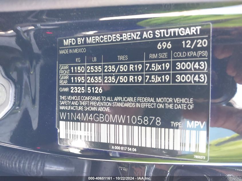 2021 Mercedes-Benz Glb 250 VIN: W1N4M4GB0MW105878 Lot: 40651161