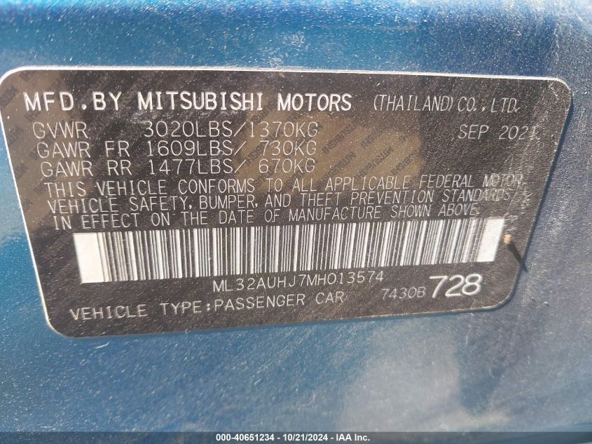 2021 Mitsubishi Mirage Es/Le/Carbonite Edition VIN: ML32AUHJ7MH013574 Lot: 40651234