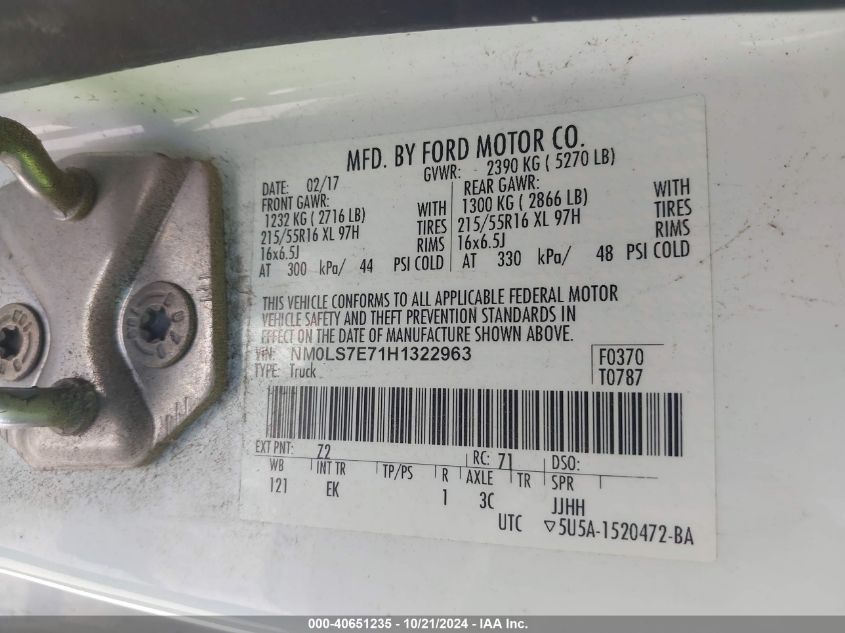 2017 Ford Transit Connect Xl VIN: NM0LS7E71H1322963 Lot: 40651235