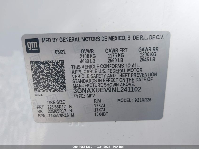 VIN 3GNAXUEV9NL241102 2022 CHEVROLET EQUINOX no.9