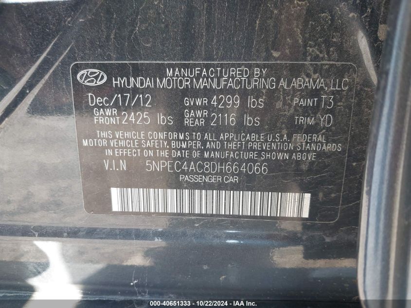 2013 HYUNDAI SONATA VIN: 5NPEC4AC8DH664066