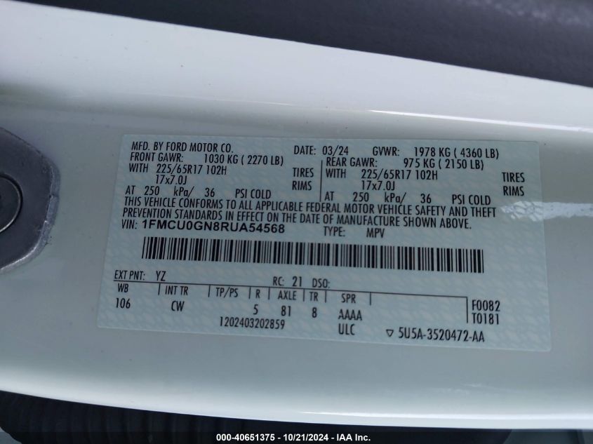 2024 Ford Escape Active VIN: 1FMCU0GN8RUA54568 Lot: 40651375