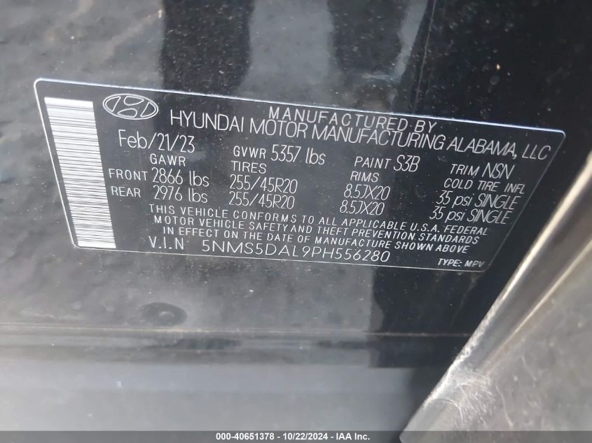 2023 Hyundai Santa Fe Calligraphy VIN: 5NMS5DAL9PH556280 Lot: 40651378